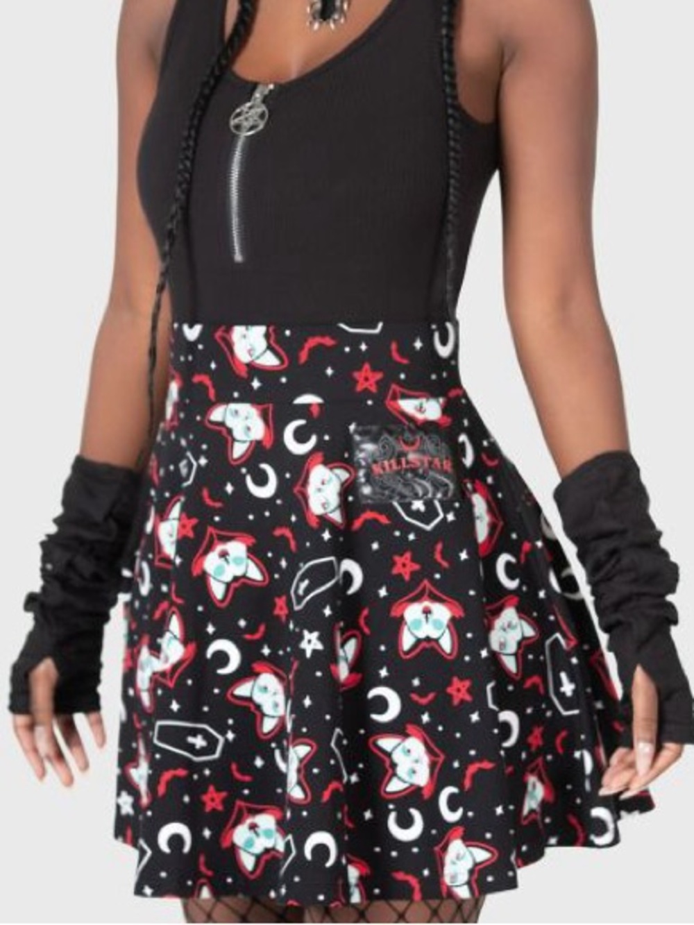 KILLSTAR Lil Vampurr Dracula Cat Coffin Print Stretch Cotton Skater Skirt Black